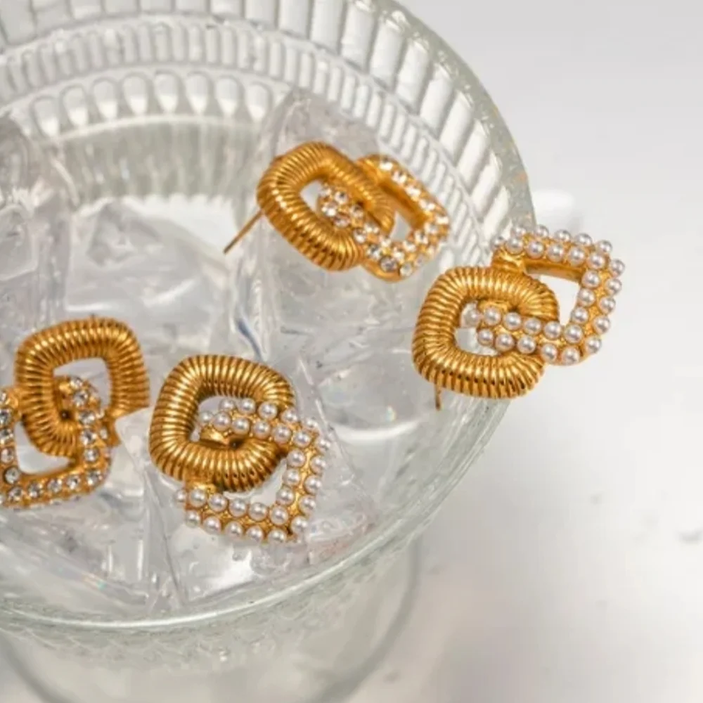 Stainless steel gold tone geometric crystal earrings new